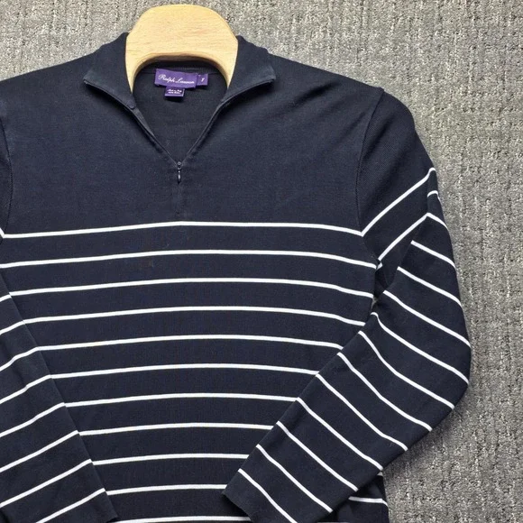 Ralph Lauren Purple Label Sweater Mens Large Navy Striped 1/4 Zip Italy Cotton